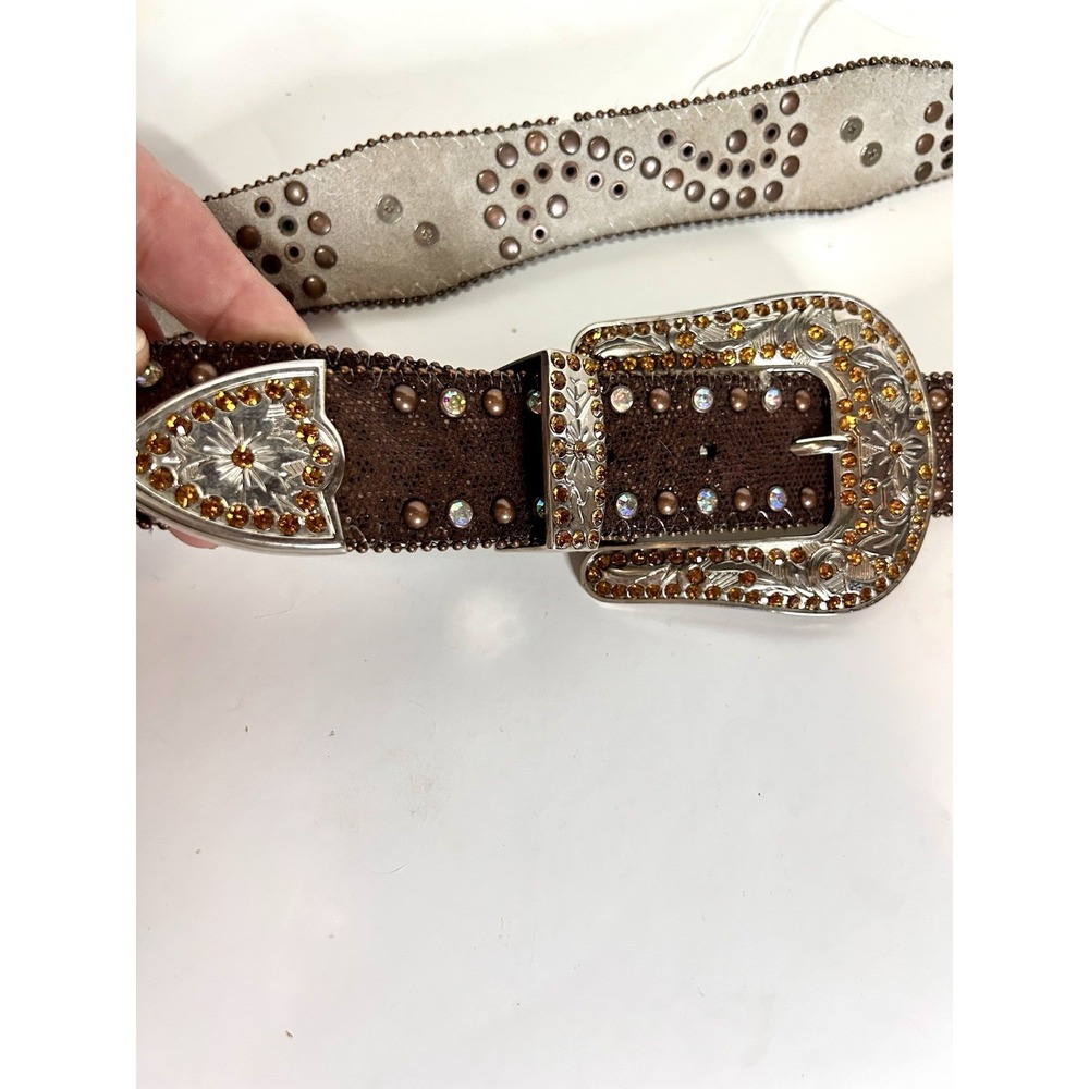 BIT & BRIDLE Women's Brown Western Rhinestone Leather Cowgirl Belt Size L